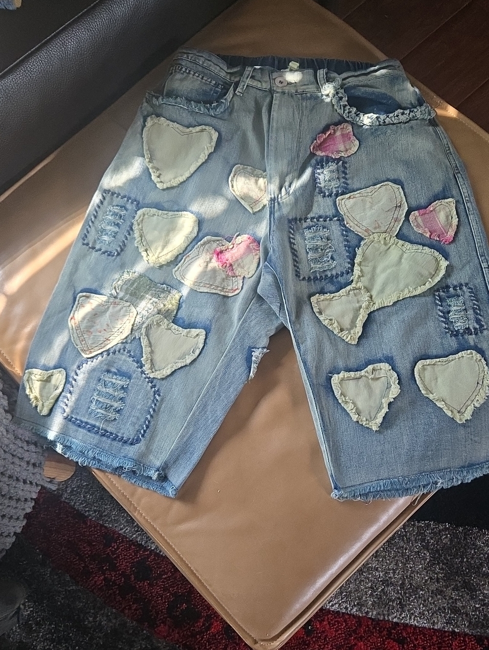 Blue Velvet, Embellished Light Blue Denim Heart Patch Bermuda Shorts
